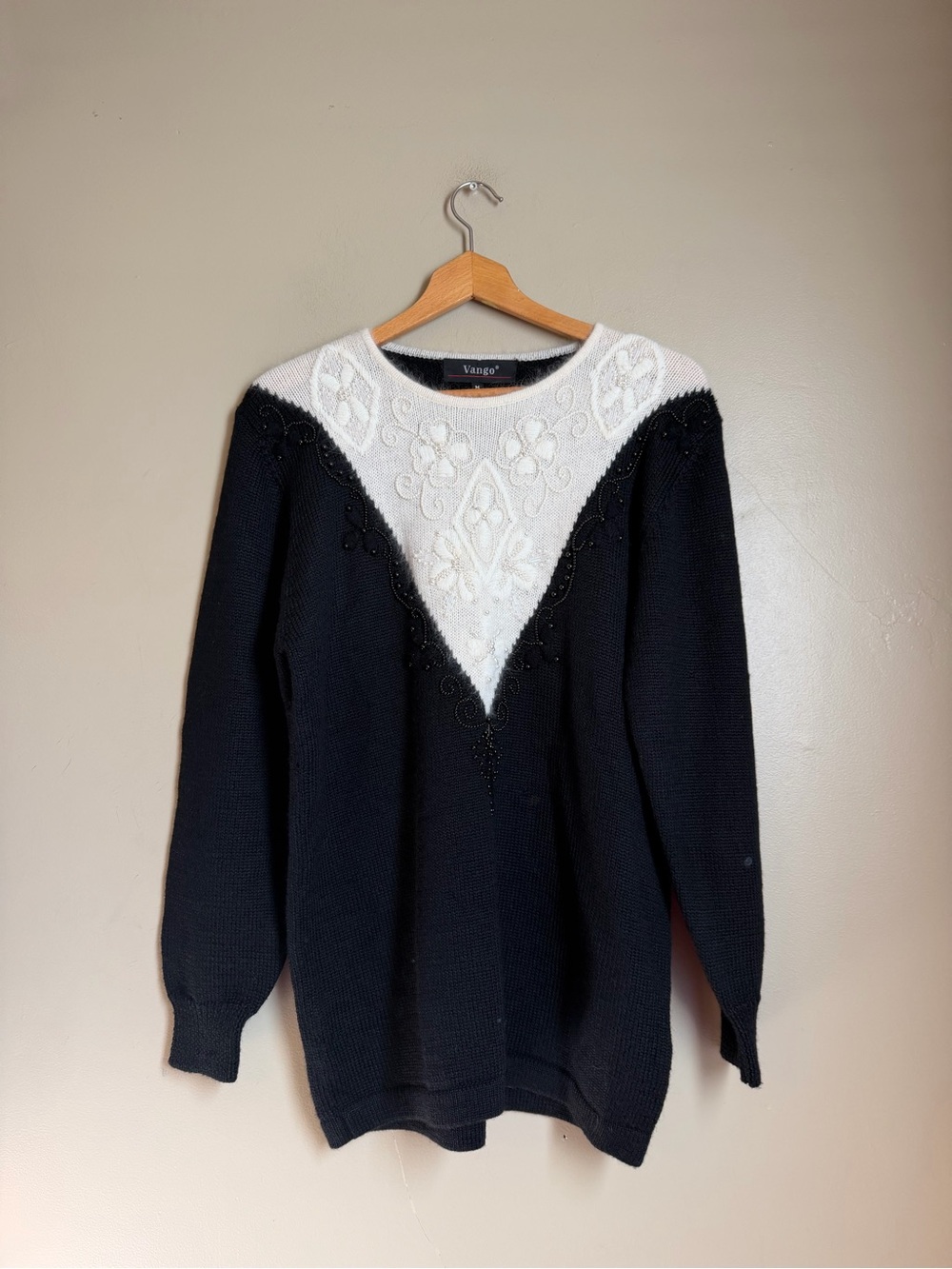 VTG 80s Vango Angora Wool Acrylic Blend Fuzzy Sweater Beaded Trim Embroidered M